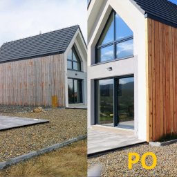 Usługi Stolarskie Oskar Pietras - Dom szkieletowy z drewnianą elewacją: porównanie stanu przed i po montażu desek. Widoczne duże okna i taras. Ujęcie w słoneczny dzień.