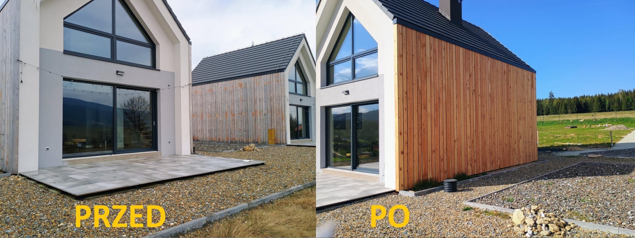 Dom szkieletowy z drewnianą elewacją: porównanie stanu przed i po montażu desek. Widoczne duże okna i taras. Ujęcie w słoneczny dzień.