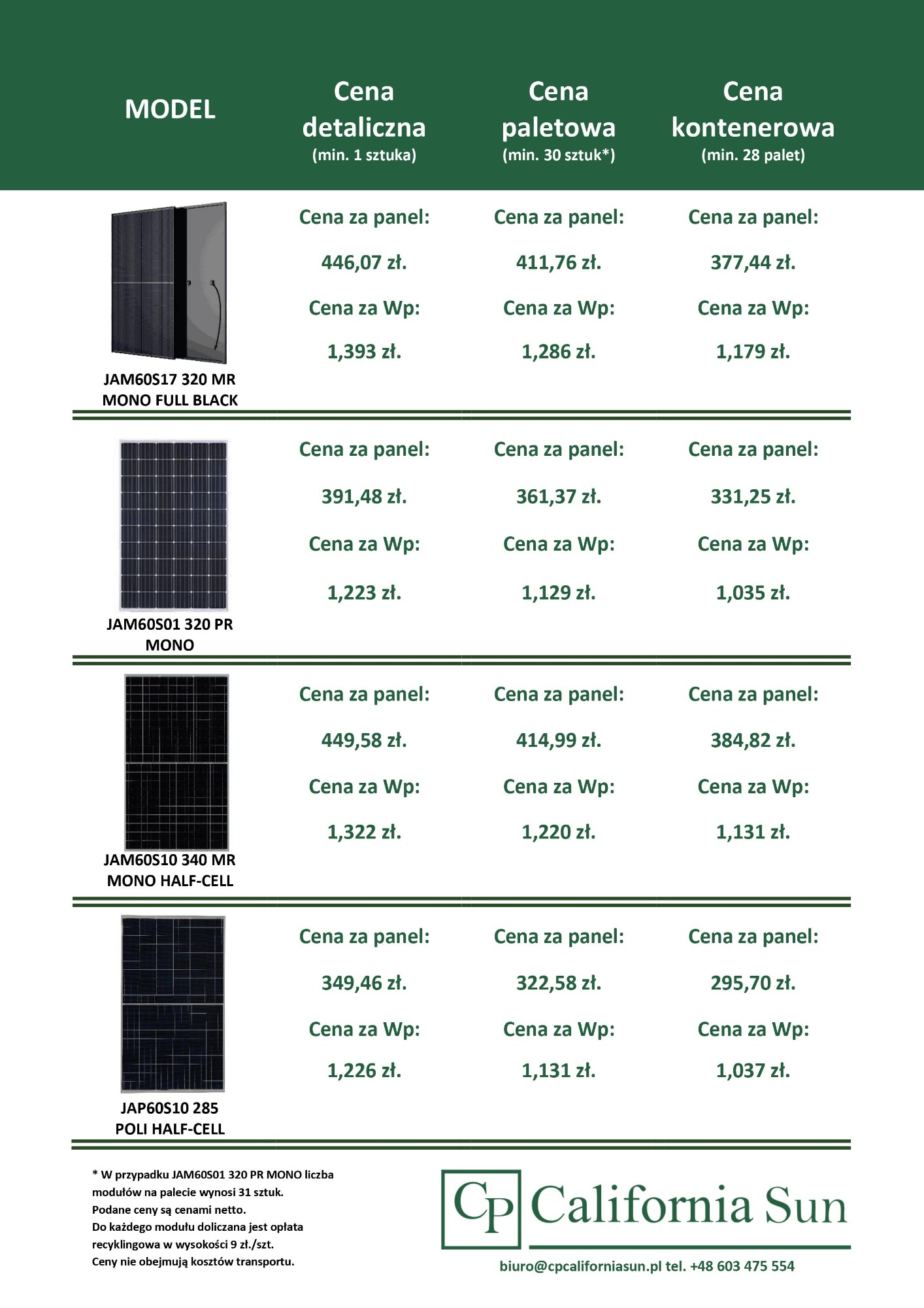 Cennik paneli fotowoltaicznych JA Solar