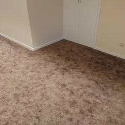 Beżowa wykładzina dywanowa w pokoju z białymi listwami przypodłogowymi i szafą w tle.