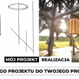 Porównanie szkicu koncepcyjnego z metalową konstrukcją zewnętrzną na tle trawnika, z widocznymi śladami graffiti.