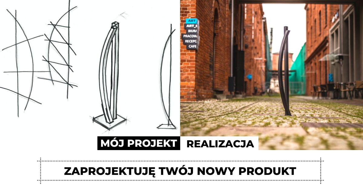 Porównanie szkicu koncepcyjnego i realizacji metalowej konstrukcji w przestrzeni miejskiej, na tle ceglanych budynków i brukowanej uliczki.