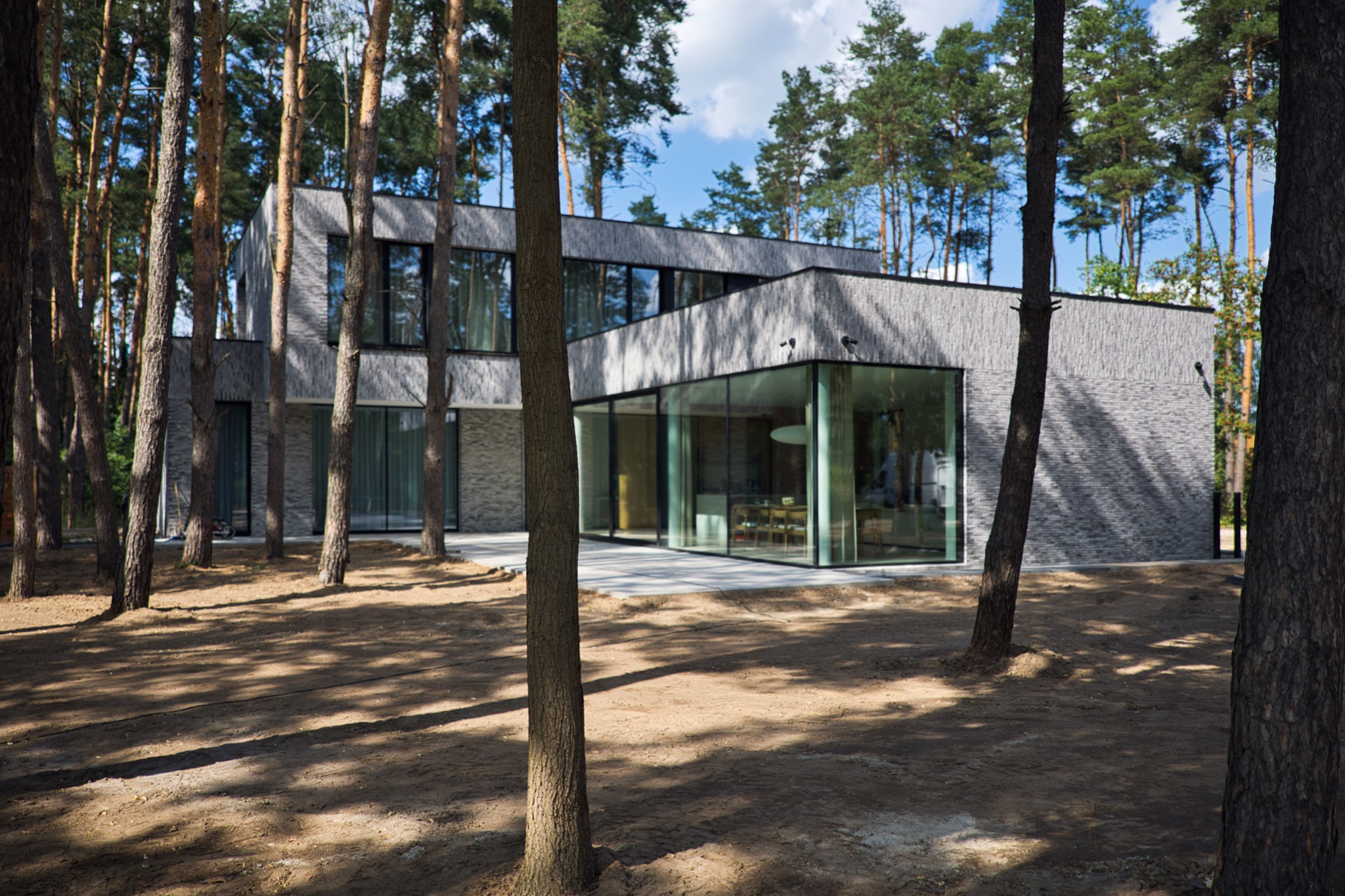 Nowoczesny dom z szarej cegły, otoczony lasem sosnowym, z dużymi przeszkleniami, widoczne cienie drzew na fasadzie.