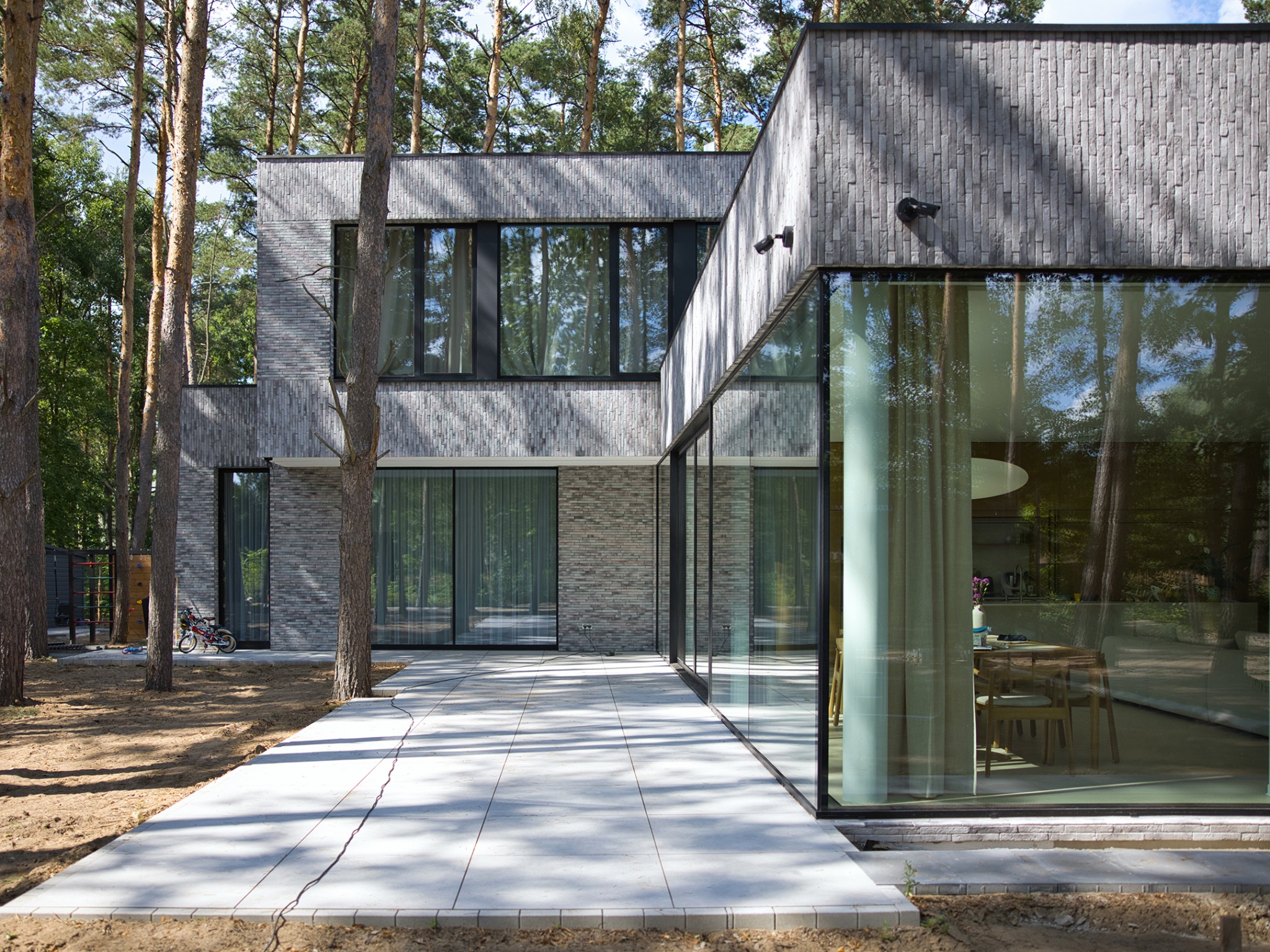 Nowoczesny dom z elewacją z szarej cegły klinkierowej, dużymi przeszkleniami i tarasem z betonowych płyt, otoczony drzewami iglastymi.