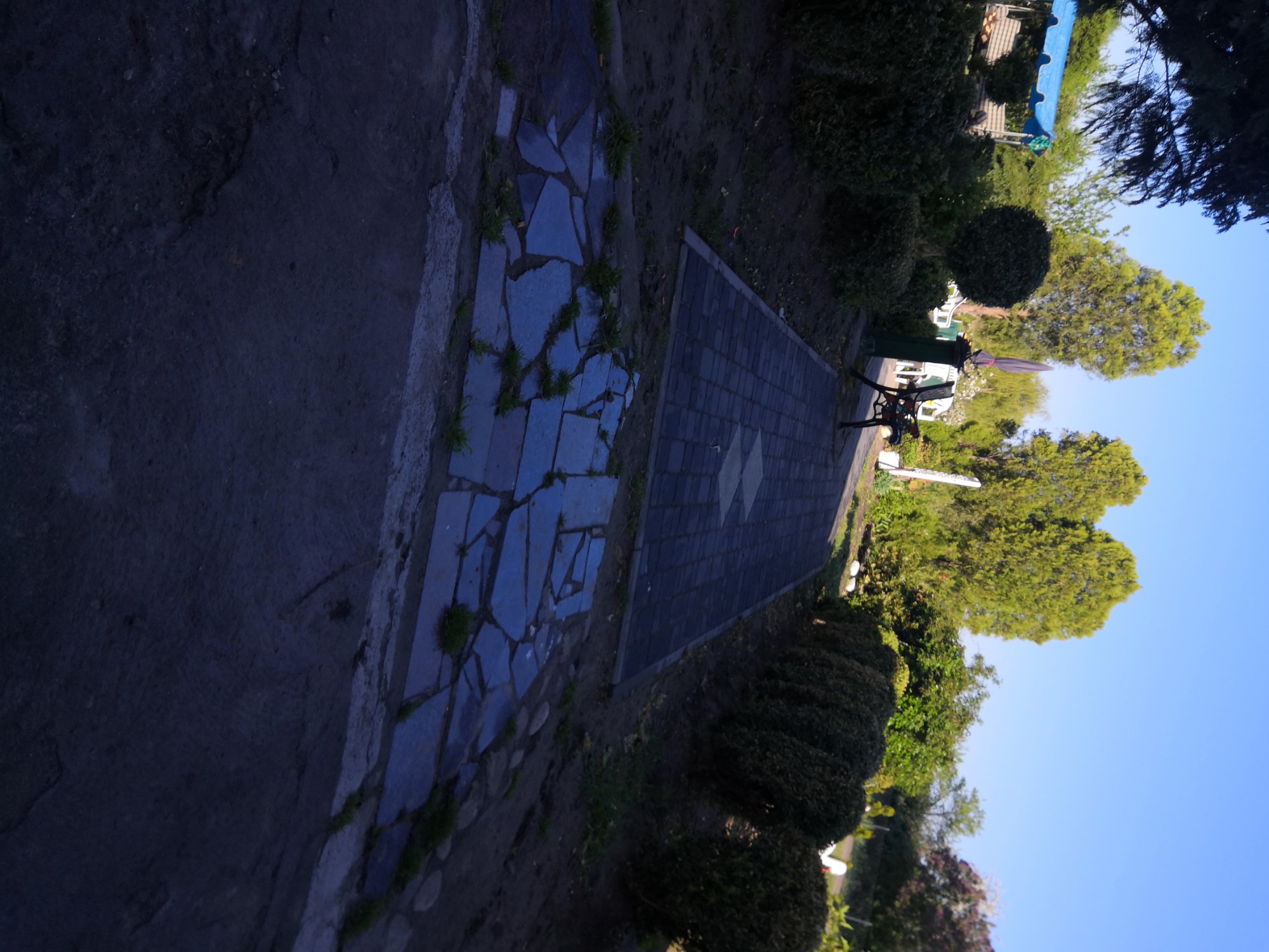 Chodnik między kląbami kwiatowymi.