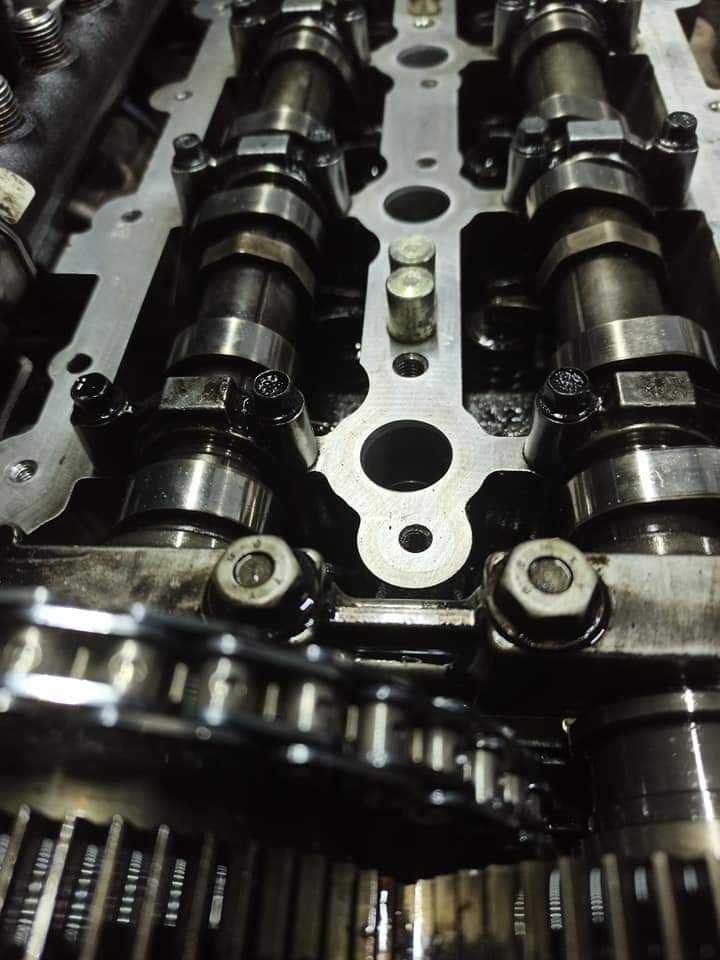 Widok z bliska na wałki rozrządu w silniku samochodowym z łańcuchem rozrządu w dolnej części kadru, widoczne ślady oleju.