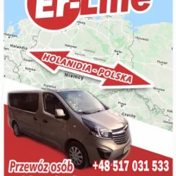 Grafika reklamowa firmy transportowej Er-Line z busem Opel Vivaro na tle mapy Europy, strzałka wskazująca kierunek Holandia-Polska, numery telefonów kontaktowych i informacja o obszarze działania...