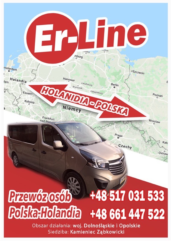 Grafika reklamowa firmy transportowej Er-Line z busem Opel Vivaro na tle mapy Europy, strzałka wskazująca kierunek Holandia-Polska, numery telefonów kontaktowych i informacja o obszarze działania...