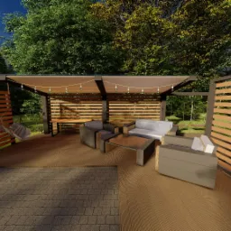 Wizualizacja zadaszonej przestrzeni wypoczynkowej na zewnątrz z drewnianymi panelami, meblami ogrodowymi i wiszącą huśtawką, oświetlona girlandą żar&oacute;wek.