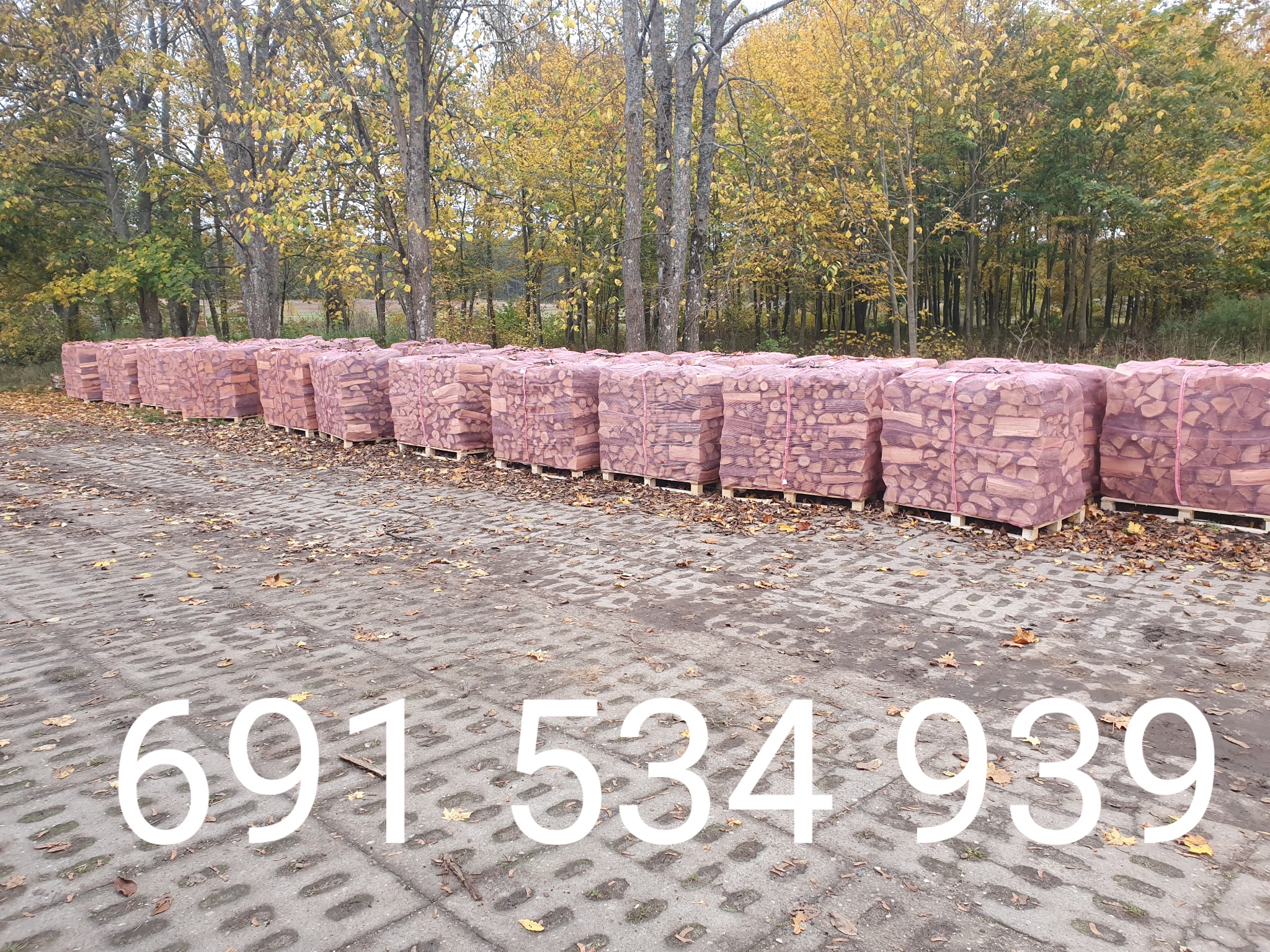 Rząd zapakowanego drewna opałowego ułożonego na paletach, z widocznym numerem telefonu na pierwszym planie i drzewami w tle.