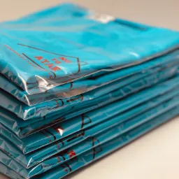 Stos zapakowanych w folię, turkusowych koszulek z nadrukiem 'NO TO ATAK!', ułożonych na jasnym tle.