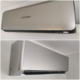 Carmet - Dwa ujęcia srebrnego klimatyzatora ściennego marki Mitsubishi Heavy Industries, widoczne logo i napis 'Inverter'.