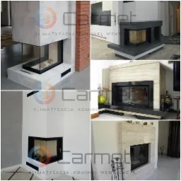 Kompilacja kilku ujęć nowoczesnych kominków narożnych z różnymi obudowami: betonowa, ceglana, marmurowa, w jasnych kolorach, z czarnymi wkładami.