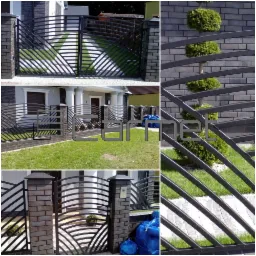 Nowoczesna brama wjazdowa z elementami giętymi i ogrodzenie panelowe na słupkach z cegły klinkierowej, widok z różnych perspektyw.