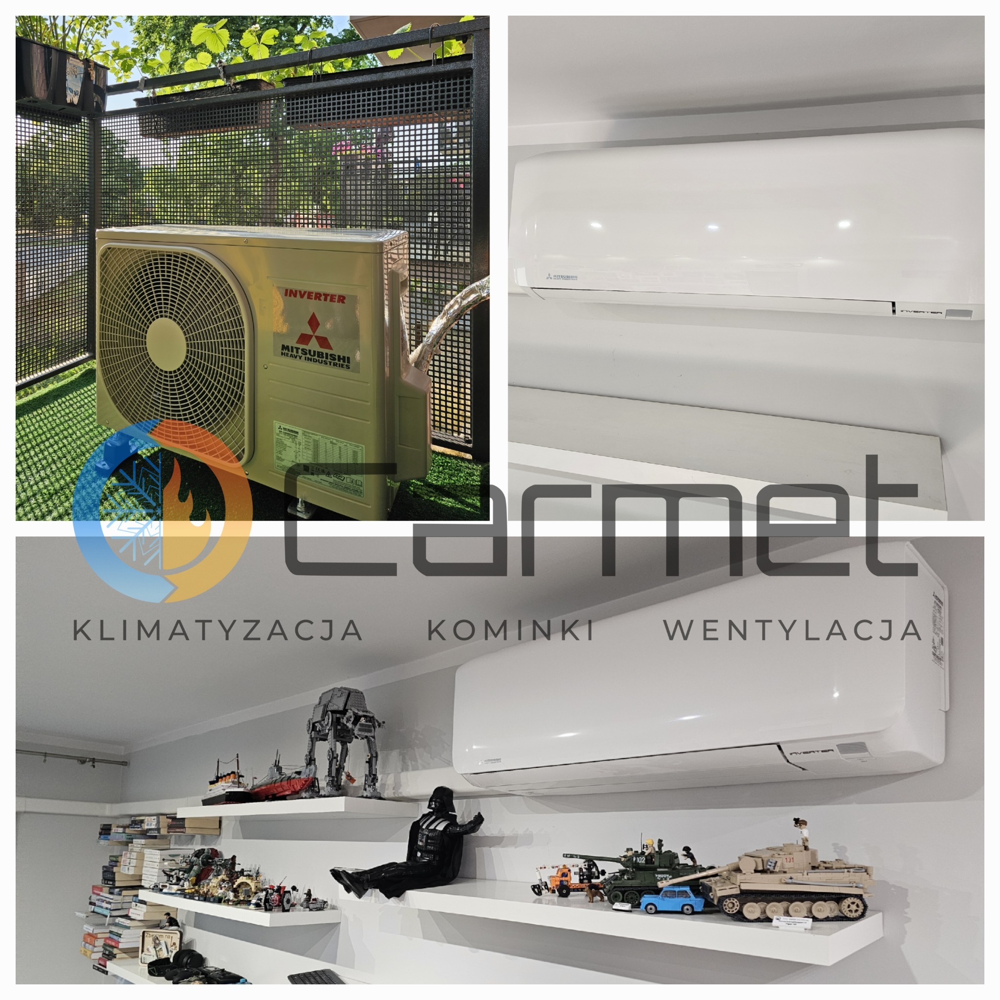 Zestawienie klimatyzatorów Mitsubishi: jednostka zewnętrzna na balkonie z kratą i sztuczną trawą, oraz jednostka wewnętrzna w pokoju z półkami pełnymi książek i modeli.