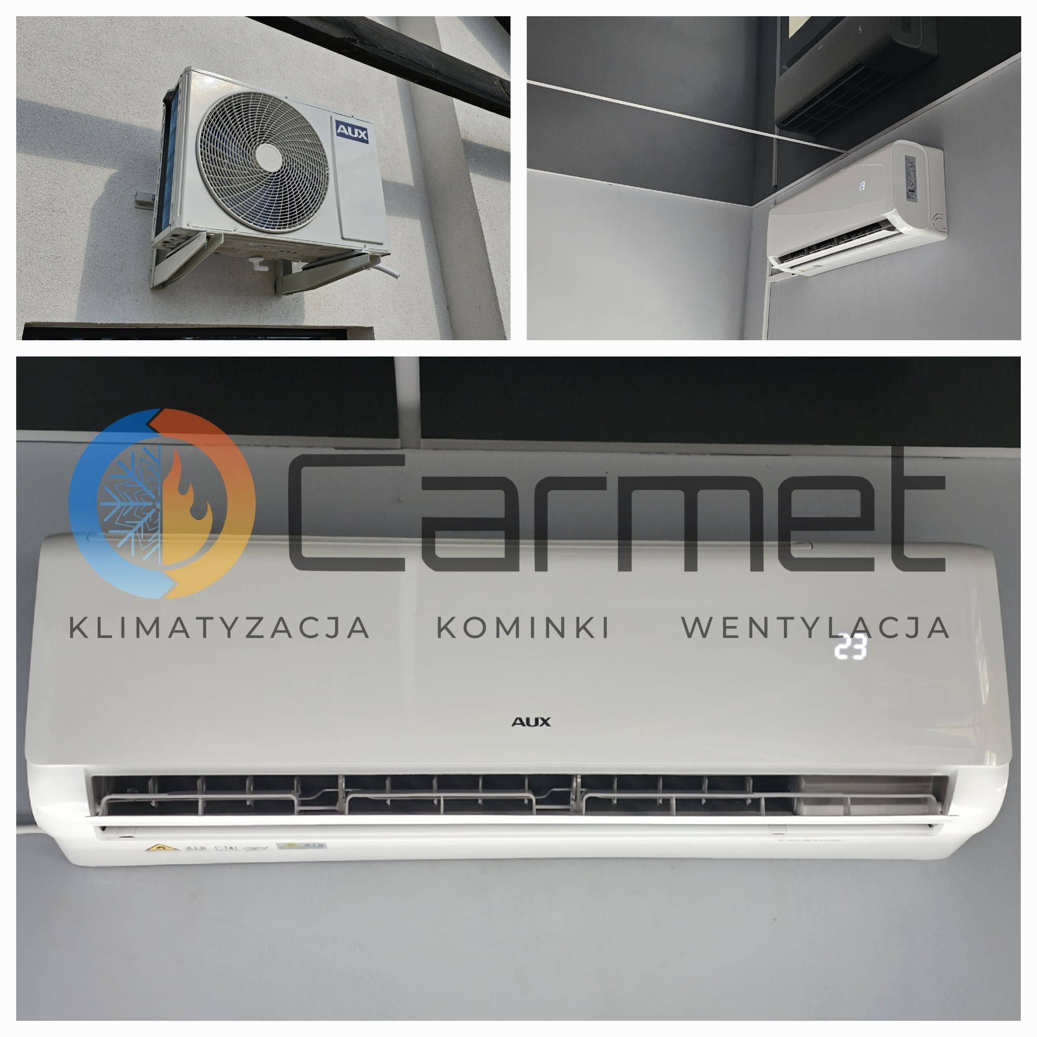 Kolaż przedstawiający klimatyzatory marki AUX: jednostka zewnętrzna na elewacji, jednostka wewnętrzna w szarym pomieszczeniu oraz zbliżenie na jednostkę wewnętrzną z wyświetlaczem temperatury...
