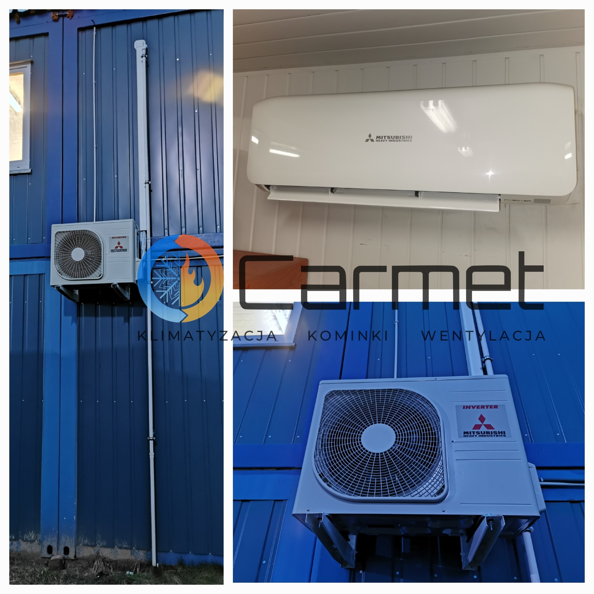 Dwa widoki zamontowanej klimatyzacji Mitsubishi Heavy Industries: jednostka zewnętrzna na niebieskiej ścianie kontenera z widoczną instalacją elektryczną oraz jednostka wewnętrzna na białej ścianie...