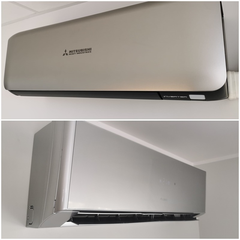 Dwa ujęcia srebrnego klimatyzatora ściennego marki Mitsubishi Heavy Industries, widoczne logo i napis 'Inverter'.