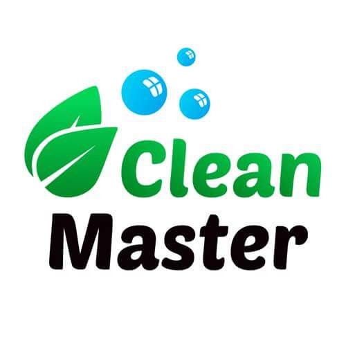 Logo firmy Clean Master z zielonym liściem, błękitnymi bąbelkami i napisem w kolorach zielonym i czarnym.
