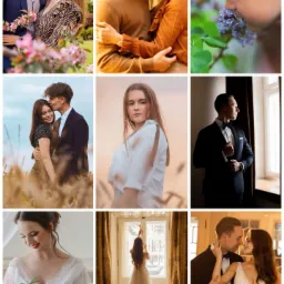 Kolaż dziewięciu zdjęć przedstawiających pary w różnych ujęciach, od romantycznych pocałunków w kwitnącym sadzie po eleganckie portrety w studio, obejmujące sesje narzeczeńskie, ślubne i portretowe...