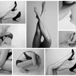 Czarno-biały kolaż przedstawiający różne ujęcia kobiecego ciała w bieliźnie i szpilkach, z akcentem na nogi i stopy w nietypowych pozach na jasnym tle.