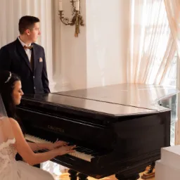 Panna młoda w białej sukni gra na czarnym fortepianie C. Bechstein, obok stoi pan młody w granatowym garniturze z muszką, jasne wnętrze z kolumnami i oknem w tle.