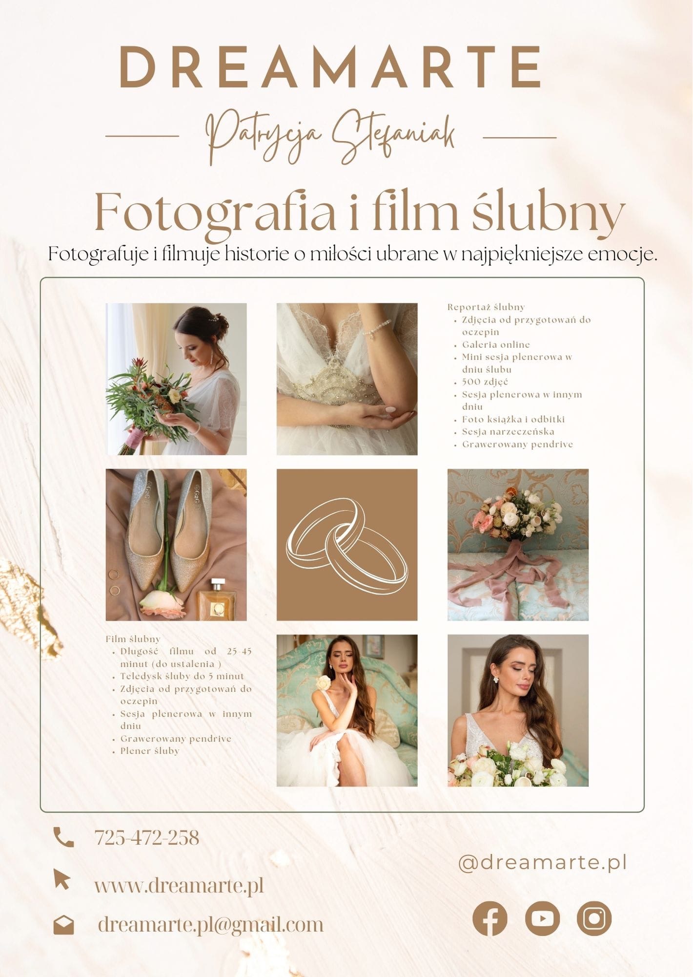 Plakat reklamowy fotografa ślubnego Dreamarte z kolażem zdjęć: panna młoda z bukietem, zbliżenie sukni ślubnej, buty ślubne z perfumami, obrączki, bukiet na łóżku, portret panny młodej w sukni.