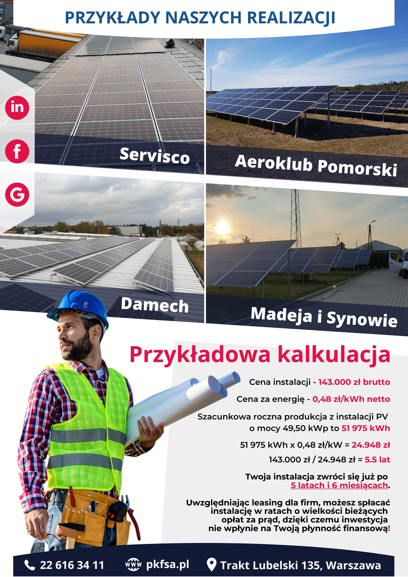 Kolaż zdjęć z realizacji instalacji fotowoltaicznych na dachach i gruncie dla firm Servisco, Aeroklub Pomorski, Damech i Madeja i Synowie, obok kalkulacja zwrotu z inwestycji i wizerunek...