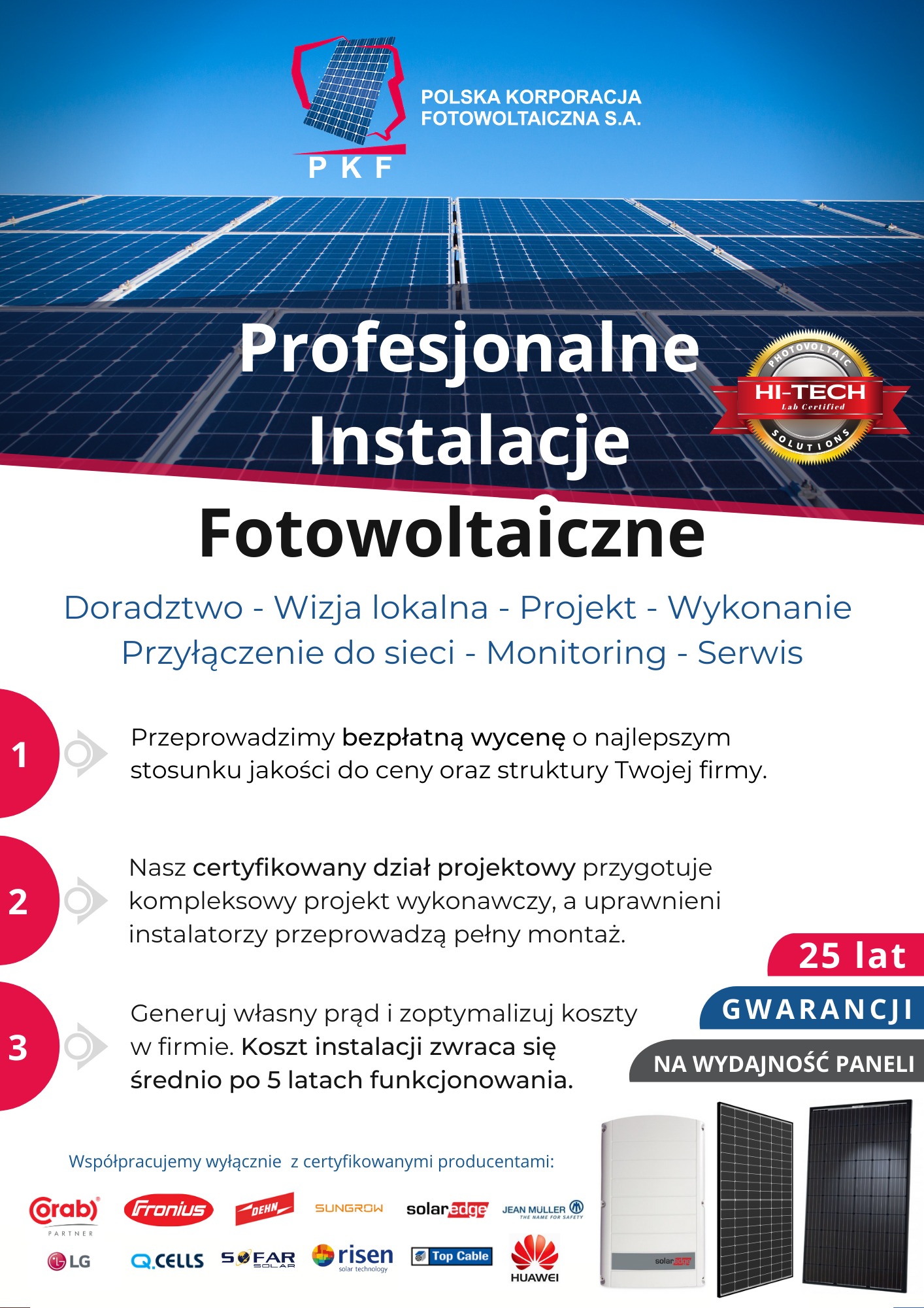 Grafika reklamowa firmy z branży energii słonecznej: logo PKF na tle paneli słonecznych, hasło 'Profesjonalne Instalacje Fotowoltaiczne', informacje o doradztwie, projekcie, wykonaniu, przyłączeniu...