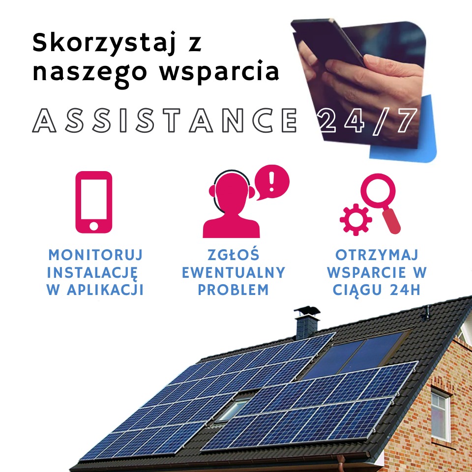 Grafika reklamowa: Panele słoneczne na dachu domu, ikony aplikacji do monitoringu, zgłaszania problemów i wsparcia 24/7.