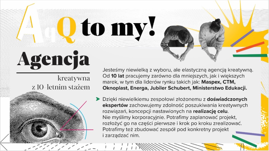 Grafika prezentująca ofertę kreatywnej agencji z 10-letnim stażem, z elementami graficznymi i tekstem o zespole ekspertów i realizacjach dla znanych marek.