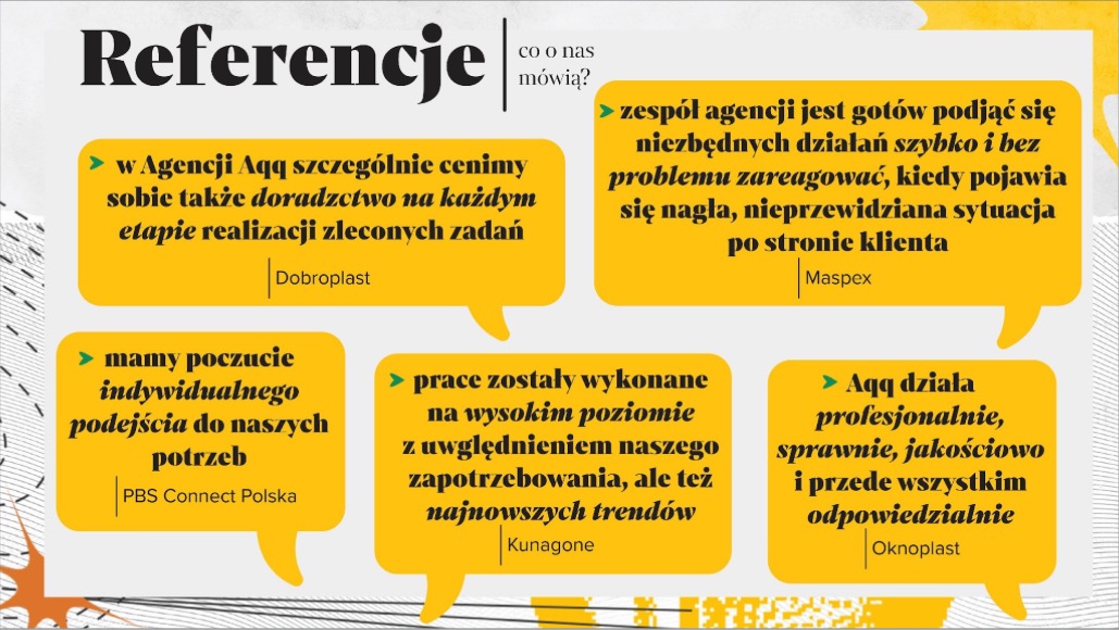 Grafika z referencjami klientów w formie dymków z tekstem, podkreślająca doradztwo, indywidualne podejście i profesjonalizm firmy Aqq.