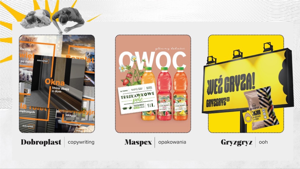 Kolaż trzech projektów graficznych: reklama okien, napojów owocowych i przekąsek, z nazwami firm i opisem usług: copywriting, opakowania, ooh.