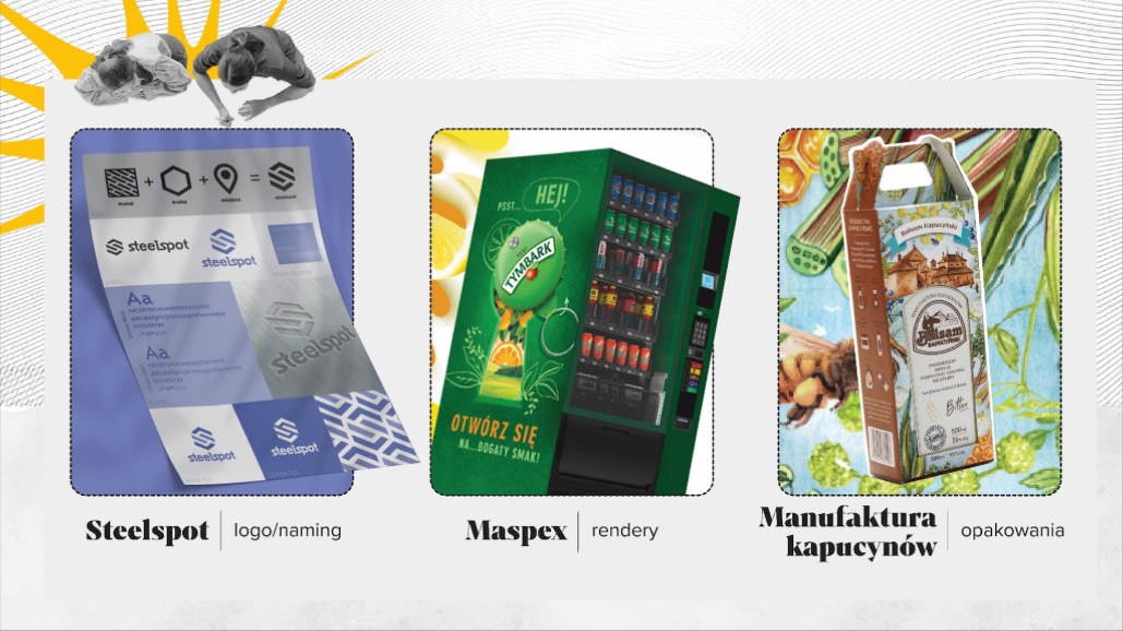 Kompozycja trzech projektów graficznych: identyfikacja wizualna marki, render automatu z napojami i opakowanie produktu. U góry sylwetki osób w ruchu.