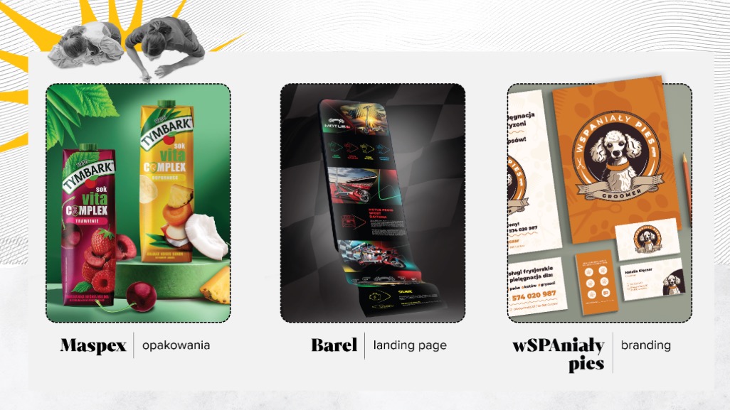 Kompozycja trzech projektów graficznych: opakowania soków, landing page i brandingu dla groomera, z logotypami i hasłami reklamowymi.