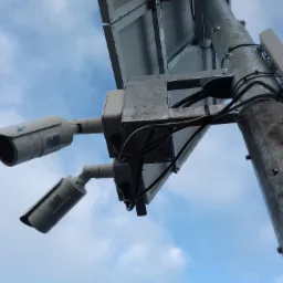 Dwie kamery przemysłowe zamontowane na metalowym słupie z dodatkowym panelem, skierowane w różnych kierunkach na tle błękitnego nieba.