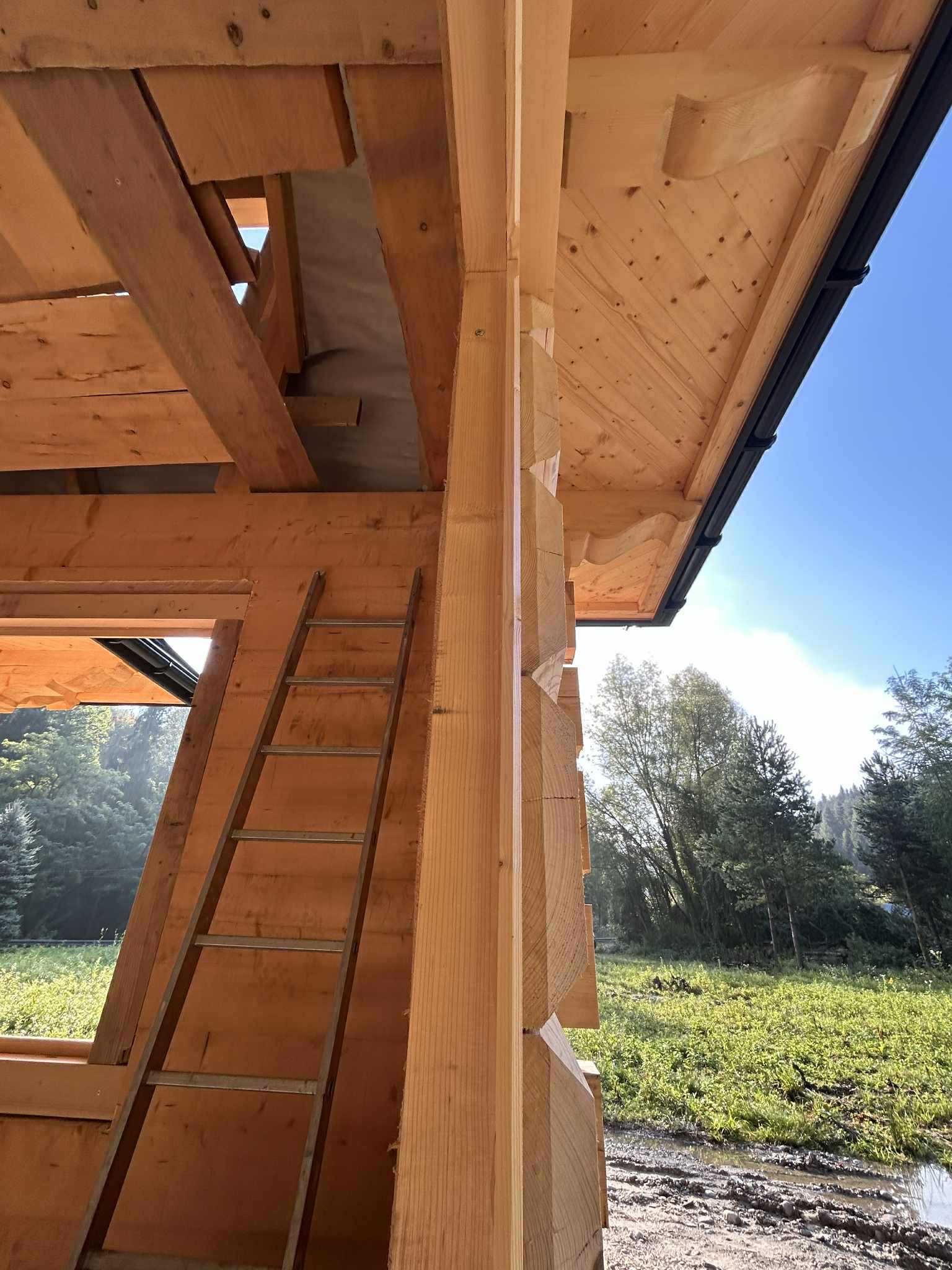 Wnętrze domu z bali w Powroźniku w trakcie budowy. Widoczna drewniana konstrukcja, drabina i zarys okna z widokiem na zieleń.