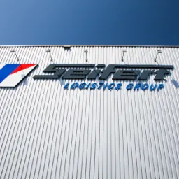 Budynek magazynowy z logo firmy logistycznej Seifert Logistics Group, widok z dołu na blaszane ściany i błękitne niebo.