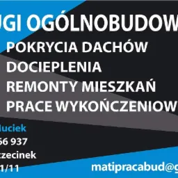 Wizytówka firmy ogólnobudowlanej Mateusz Muciek, oferującej pokrycia dachów, docieplenia, remonty mieszkań i prace wykończeniowe; kontaktowy numer telefonu, adres i e-mail.