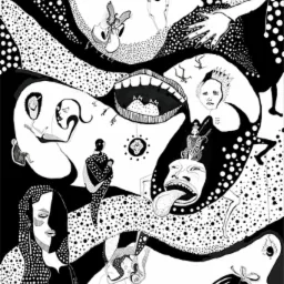 Czarno-biała, surrealistyczna ilustracja z wieloma postaciami, twarzami, elementami graficznymi i napisem 'BYC- MAMUSKA' wykonana techniką rysunku odręcznego.