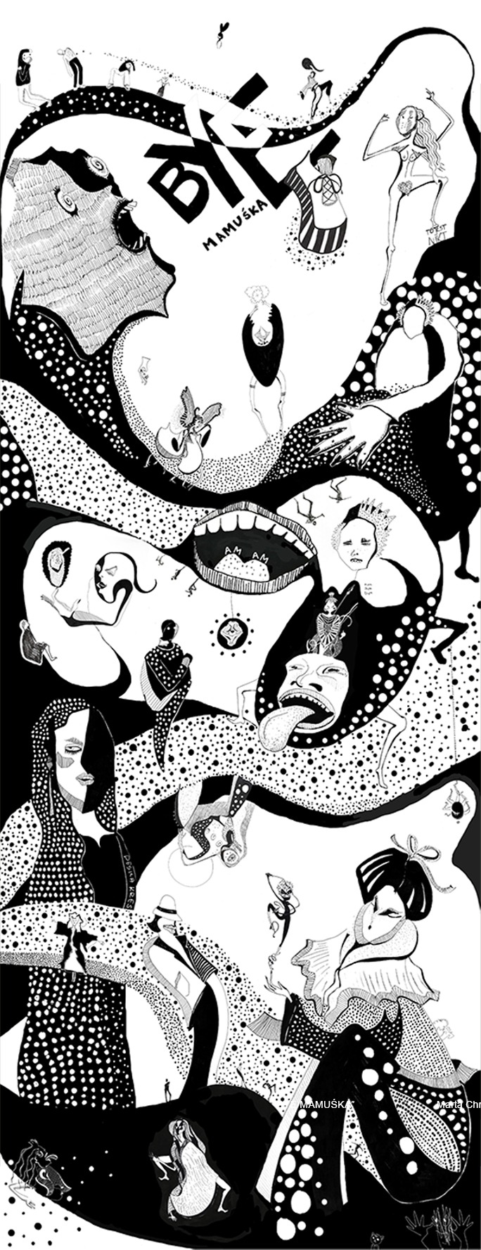 Czarno-biała, surrealistyczna ilustracja z wieloma postaciami, twarzami, elementami graficznymi i napisem 'BYC- MAMUSKA' wykonana techniką rysunku odręcznego.