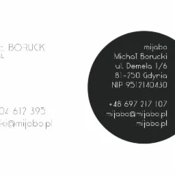 Wizytówka firmy Mijabo z Gdyni, prezentująca dane kontaktowe Michała Boruckiego, właściciela, z minimalistycznym designem.