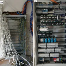 Porównanie stanu szafy elektrycznej przed i po uporządkowaniu: bałagan kabli przed, uporządkowane okablowanie i moduły elektryczne po, widoczne zabezpieczenia i zasilacze.