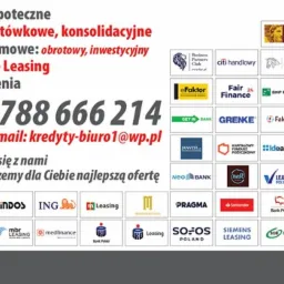 Reklama firmy oferującej kredyty, faktoring, leasing i ubezpieczenia, z numerem telefonu, adresem e-mail i logotypami wielu banków i firm finansowych.