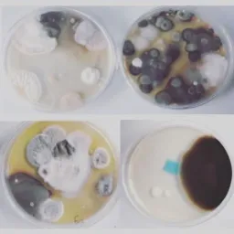 Cztery szalki Petriego z różnymi koloniami pleśni i grzybów, zróżnicowane kolory i tekstury, widoczne różnice w typach wzrostu, prawdopodobnie próbki pobrane do analizy.