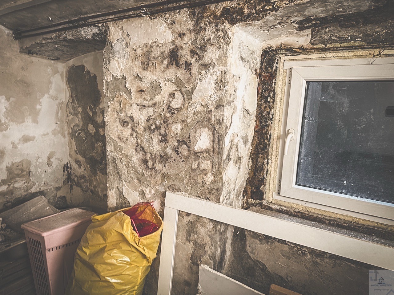 Zawilgocona ściana w piwnicy z widocznymi śladami pleśni i odpadającym tynkiem, okno z ramą PCV, gruz i worek na śmieci w rogu pomieszczenia.