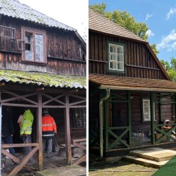 Good Wood Szymon Jaraczewski - Porównanie stanu domu przed i po renowacji: po lewej zniszczona elewacja z mchem na dachu i otwartym oknem, po prawej odnowiona elewacja z nowym dachem, oknami i zielonymi elementami werandy.