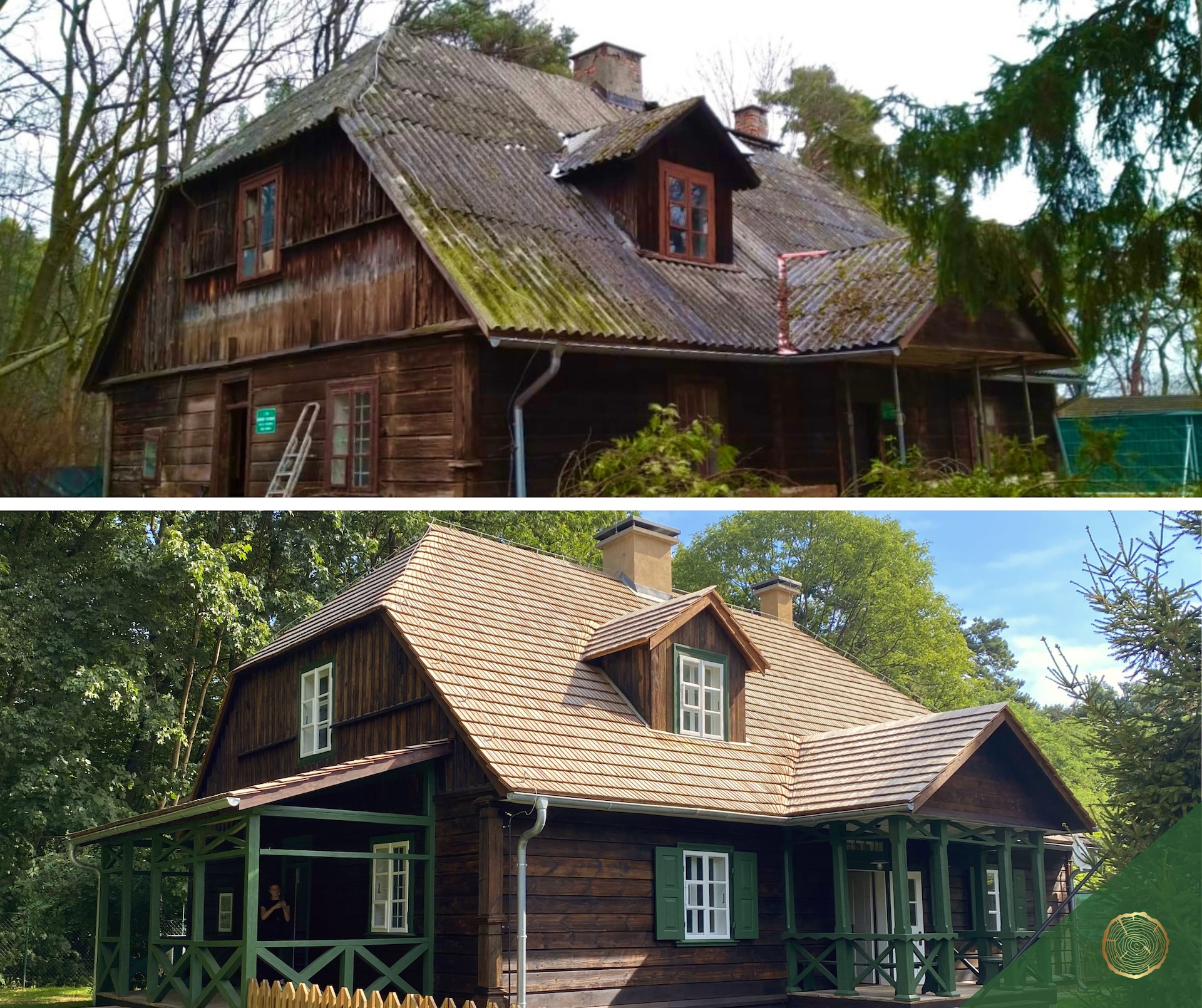 Porównanie stanu dachu drewnianego domu przed i po renowacji: zarośnięty mchem, zniszczony eternit kontra nowe, jasne drewniane gonty i odnowione okna.