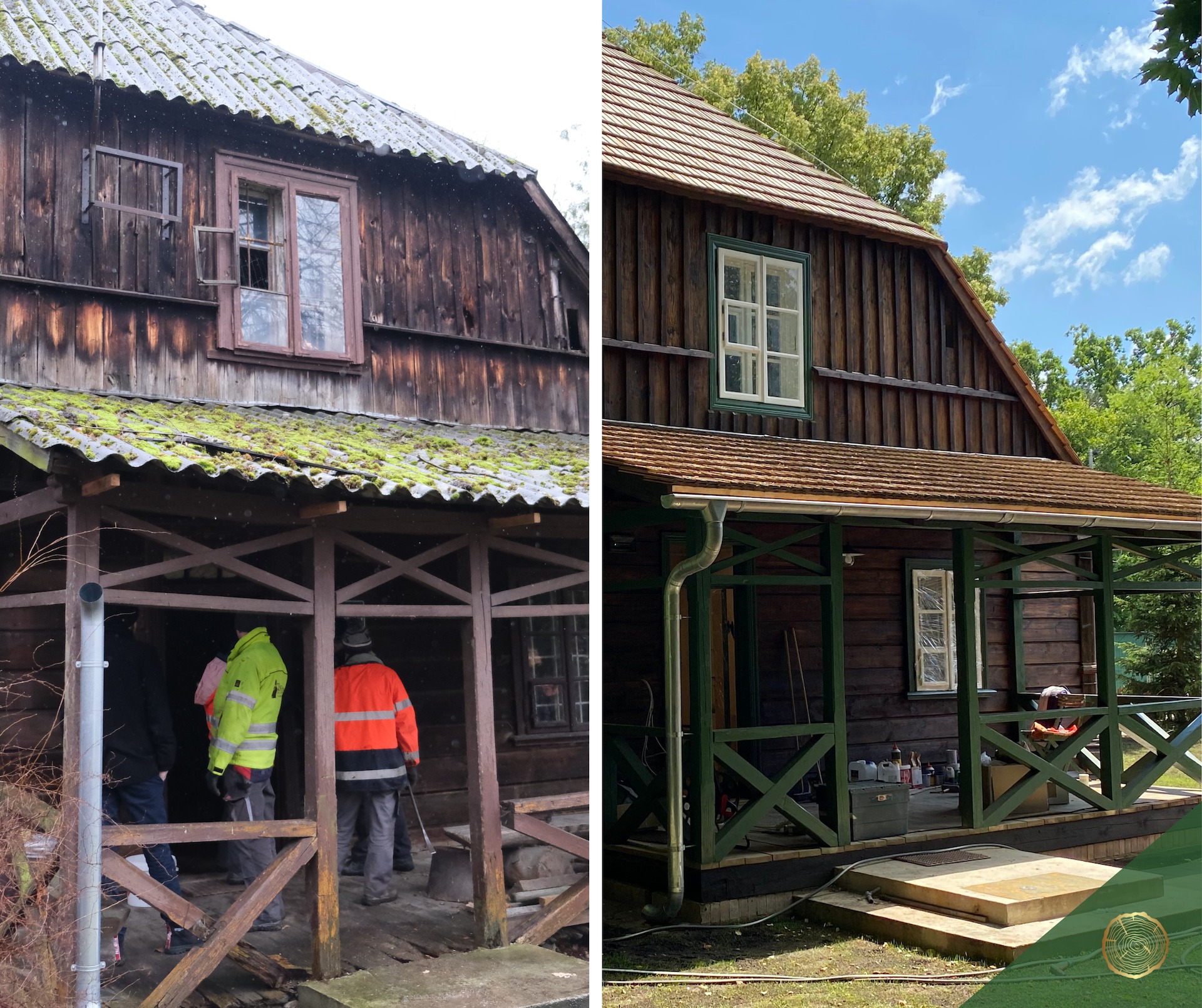 Porównanie stanu domu przed i po renowacji: po lewej zniszczona elewacja z mchem na dachu i otwartym oknem, po prawej odnowiona elewacja z nowym dachem, oknami i zielonymi elementami werandy.