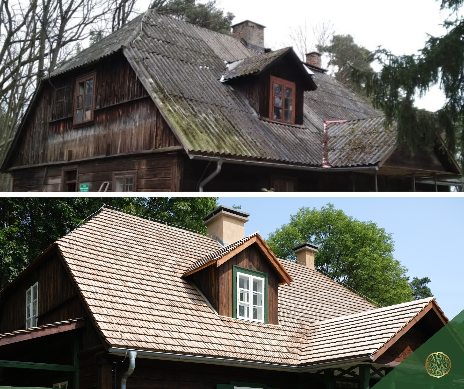 Porównanie dachu drewnianego domu przed i po renowacji: zniszczony eternit zastąpiony nową, jasną dachówką drewnianą.